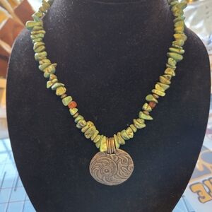 Artisan Green Beaded Necklace with Silver Pendant